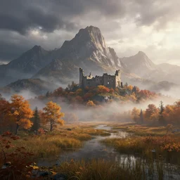 beautiful render of a autumn landscape, unreal engine, first light, majestic mountains, swamps, morning mist, dramatic clouds, big castle ruin, soft light, by greg rutkowski, cgsociety