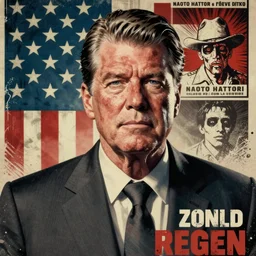 zombie ronald reagan, stars and stripes in the background, punk rock poster, artwork by naoto hattori and steve ditko