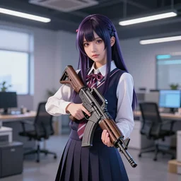 magical and mystical school girl holding a m 2 1 sws on modern a office, octane render, rembrandt, cgsociety, artstation trending, highly detailded