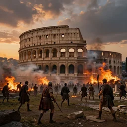 the fall of rome, ancient, war, cinematic, sunset, hyper realistic, multiple subjects, fire, caravaggio painting style, sharp focus, landscape, ruins, dreamy, dystopian, deep colors, ultra detailed, volumetric lighting, hauntingly cloudy sky, very detailed, smoke