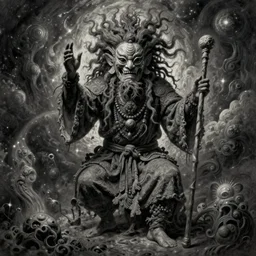 a high hyper - detailed painting with complex textures, of an oriental shaman with tangled hair and a terrifying mask, wears a tunic vs. barefoot and has a cane, he is performing a ritual to access the world of imagination and dreams, cosmic horror spiritual visionsrio psychedelic weird bizarre art