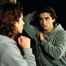Timothee Chalamet wearing hoodie, night time, looking at his reflection, +++ super super super dynamic posing, j.c. leyendecker, Valentina Remenar, kodachrome, thick eyebrows, super serious facial expression