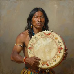 a beautiful painting of an indigenous man holding a highly decorated round shamanic drum, fantasy art, matte painting