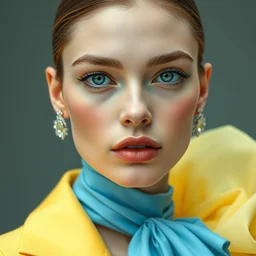 close - up of face of a fashion model in luxury dress, pastel shades of light blue and light yellow, by francoise nielly, by neo rauch, official valentino editorial, highly detailed
