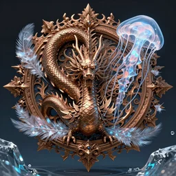 dragon bronze ( ( ( ( peacock ) ) ) ). intricate, centered, amazing composition by amano yoshitaka, by rembrandt 1 6 6 7, illustrious makinami, digital art, digital painting, artstation trending, unreal engine, beautiful light and shadows, matte, fractal flame, transparent jellyfish, transparent feathers, bio luminescent, ice, water