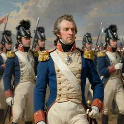 Swift in a Napoleonic military uniform leading an army Regal Blue Military Royal Painterly In the style of Jean-Auguste-Dominique Ingres