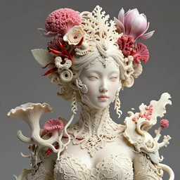 hyperdetailed ultra sharp 3 d render of a beautiful sweet porcelain ivory fair woman medium fine shot portrait, close - up, ef 8 5 mm f 1. 8 usm, bionic scifi cyberpunk haute couture huge fractal mycelum and fungi filigree vanilla lace, rasberry chili red sponge corals magnolia goliath head ornaments, embroidered leaves sinuous roots,, alexandre ferra georg loschner white mecha, octane render, volumetric cinematic lighting, 8 k, vray tracing, no dof, no blur