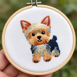 a tiny beautiful handmade embroidery of a very cute yorkshire terrier. hand embroidery.