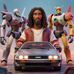 stylish 3 d vfx - portrait - movie poster - art of an african jesus in a delorean surrounded by mecha robots, art style by james jean & hsiao - ron cheng, unreal engine render, digital illustration, sharp, intricate detail, volumetric lighting, ray tracing, soft light, colourful, claymation style, drew struzan style, ernie barnes style, symmetry, acrylic