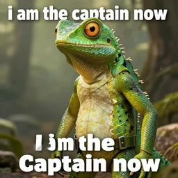i am the captain now meme, but with a lizard man.