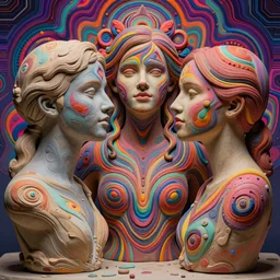 clay crafting of Emma Watson by Jean-Baptiste Carpeaux and Luo Li Rong and Michael James Talbot, all body, perfect symmetrical face, colorful, psychedelic psychedelic psychedelic  psychedelic acid colors, retrowave ((synthwave)), in full growth, elegant, realistic, 8K, female full-skin figure, hyperrealism, subsurface scattering, raytracing, rim light, Octane Render, Redshift, Zbrush, complex psychedelic glitch background