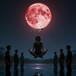 the crimson moon shatters far above, still cross legged figure floating above pond by craig mullins, ruan jia, liang mark, beksinski, wayne barlowe, peter gric, jama jurabaev