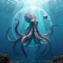 a 3 d render depicting an advanced octopii civilisation ruled by a gigantic kraken, a cube within a sphere moves through the water and god rays penetrate the ocean.