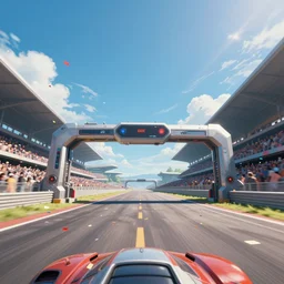 cinematic low angle wide angle shot worms eye view of a realistic futuristic vehicle racetrack finish line with confetti on a sunny day with a clear blue cloudy sky angled up, digital art, digital painting, dolly zoom, illustration, cyberpunk, good value control, crowded stands, rule of thirds, golden ratio, horizon line focus, sharp focus, fourze, speed racer movie, 8 k