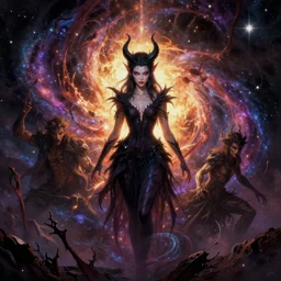girl dark djinn characters, dark, hell, chaos, paradox, massive gallaxy, stars, featured on artstation, by james gurney & peter mohrbacher & anato finnstark