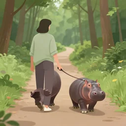 casually walking my pet hippo on a leash down a forest trail