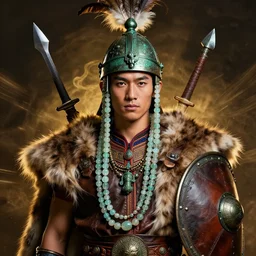 beautiful portrait depicted an tai ethnic king, young tai male face, clothed with an glass canelian agate beads, dongson bronze artifacts, leather, elegant and rich cloth made of fur and leather. he wears on head a helmet made of bronze, feathers, attaches iron sword and leather shield. by daniel f. gerhartz and artgerm and greg rutkowski. dark fantasy art, energetic mood, golden ratio composition, dynamic lighting, trending on artstation, poster, volumetric lighting, 4 k