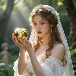 eris, greek goddess of chaos, holding an reflective gold!!! metal apple, goddess of chaos, in the garden of eden, god rays, volumetric lighting, perfect feminine beauty, beautiful face, bridal photography portrait victorian era y tooth wu and wlop and beeple and greg rutkowski wolfgang lettl, hints of yayoi kasuma, octane render, 8 k art