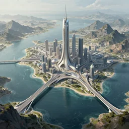 a futuristic city surrounded by water and mountains with bridges over water, a detailed matte painting by Jon McCoy and Zaha Hadid, trending on cgsociety,, concept art, artstation