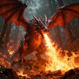 a dragon breathing fire surrounded by a burning forest, embers and ashes, epic cinematic hyperrealism masterpiece. realistic poster with shaded lighting by craig mallismo, artgerm, jeremy lipkin and michael garmash, unreal engine, radiant light, detailed and complex environment, digital art, art station trends