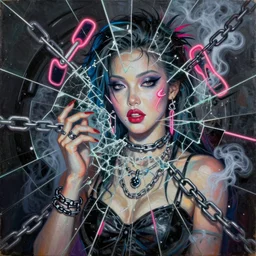 neon japaneese nymphomaniac, mixed media collage, assemblage, photomontage, minimalist, contemporary art, punk art, photorealistic, portrait, expressionism, masterpiece, dynamic composition, spectacular quality, intricate oil details, shattered glass texture, neon, chains, smoke, contrasted, harmonic colors