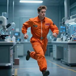 a award winning commission of a man wearing an orange jumpsuit running through a laboratory, digital art, character concept, highly detailed, deviantart, artstation, beautiful, photorealistic, imagination, fantasy, dramatic