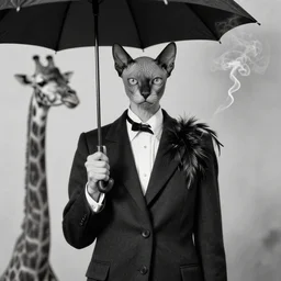 photographic portrait max ernst sad woman hairless cat feathers, wearing a suit, holding an umbrella and a giraffe, spiraling cigarette smoke, editorial