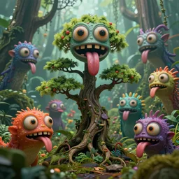 of an intricate hazy jungle with strange colorful friendly funny creatures with huge eyes, long tongue, square teeth and funny face appearing from the bonzai trees, in the style of charles vess, macro lens, shallow depth of field, highly detailed, digital painting, trending artstation, concept art, illustration, cinematic lighting, vibrant colors, photorealism, epic, octane render