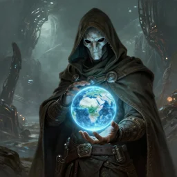 rogue male wearing a cloak on an alien world and holding a holographic planet projection in his hand, masked face, detailed, sci - fi, digital painting, artstation, sharp focus, illustration, artgerm, tomasz alen kopera, peter mohrbacher, donato giancola, joseph christian leyendecker, wlop, frank frazetta
