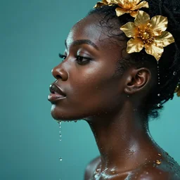 hyperrealistic precisionist cinematic profile very expressive! black oshun goddess, in water! up to shoulders, mirror dripping droplet!, gold flowers, highly detailed face, digital art masterpiece, smooth eric zener cam de leon, dramatic pearlescent turquoise light on one side, dutch angle uhd 8 k, shallow depth of field