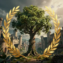 a cyberpunk tree in the middle of a medieval city