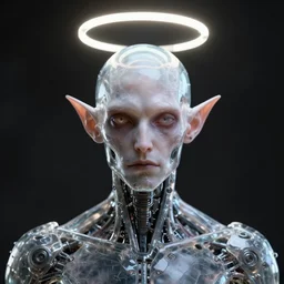 centered artwork. horizontally symmetrical artwork. high contrast. increased sharpness. depth of field. close-up portrait of one biomechanical lich with halo, with transparent skin made of glass, by jarold Sng and Stephen Oakley, octane render, by greg rutkowski, by nekro, artstation, matte painting, 3d render