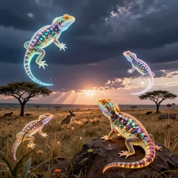 glowing lizard holograms, on the savannah, vibrant fantasy concept art by greg rutkowski