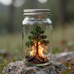 glass jar with a miniature tree on fire inside the jar, standing on a rock on a hill, bokehmetal lid, hyperrealistic, highly detailed