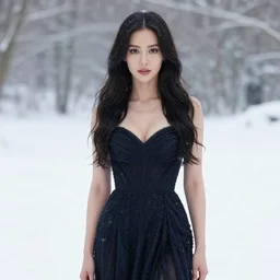 a gorgeous photo of agatha vega, professionally retouched, soft lighting, realistic, smooth face, full body shot, torso, dress, perfect eyes, wide angle, sharp focus on eyes, 8 k high definition, insanely detailed, intricate, elegant, art by artgerm, snowy winter