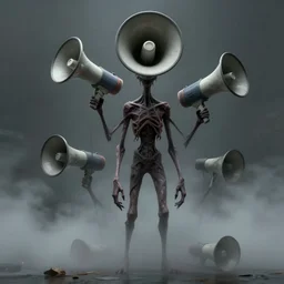 a very thin tall huge creepy megaphoneheaded humanoid. megaphones! character concept art, extremely high details, octane render, fog, horror, artstation contest winner, digital art by simon stalenhag. masterpiece