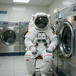 a beautiful photo of an astronaut waiting in a laundromat, soft light, morning light, photorealistic, realistic, octane, 8k, cinematic shot