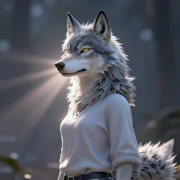 A 3D render of an anime wolf girl, unreal engine, ray tracing, god rays, DAZ, 4K, UHD, octane render, cinematic, volumetric lightning, game engine, Makoto Shinkai