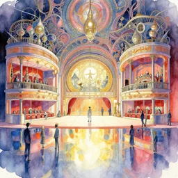 a beautiful insanely intricate watercolor illustration of modern theater, reflexions, colorfull, by william turner art, by greg rutkowski, by james jean, by rossdraws, by frank franzzeta, by sakimichan, by edmund dulac, trending on artstation, insanely detailed, masterpiece,