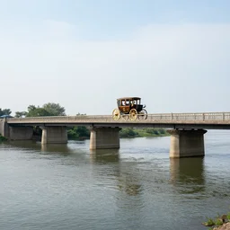 a bridge crossing the river, a carriage on the bridge