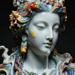 a dark baroque close - up portrait of a colorful iridescent rainbow porcelain being made out of white liquid sci - fi vitrified translucent ceramic marble ; china. reflective detailed textures. gloomy black background. highly detailed fantasy science fiction painting by moebius, norman rockwell, frank frazetta, and syd mead. rich colors, high contrast. artstation