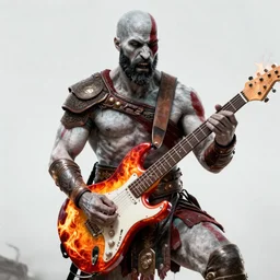 screaming kratos shredding on a flaming stratocaster guitar, cinematic render, god of war 2 0 1 8, santa monica studio official media, sunglasses, lightning, spartan rage, profile