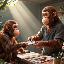 a typical photo of an nft salesman taking your money for cartoons of apes