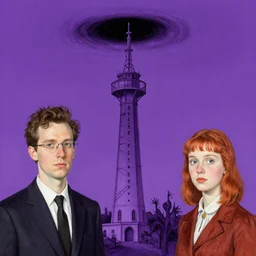 artgerm, norman rockwell, abigail larson, purple color pallete, welcome to night vale, radio tower with black hole above it, spooky strange weird quirky