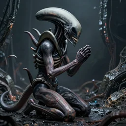 a portrait of a xenomorph being kneeling asking for forgiveness, enclosed dark damp liminal post apocalyptic space, artstation, unreal engine, concept art, illustration, intricate details, surrealism, by rutkowski and beksinski and russ mills