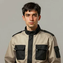 Portrait of a man by Greg Rutkowski, he is about 30 years old, short black hair with bangs, his features are a mix between French, Turkish and Russian and he is wearing a beige and black utility jumpsuit, highly detailed portrait, digital painting, artstation, concept art, smooth, sharp foccus ilustration, Artstation HQ.