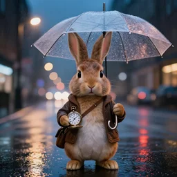 portrait of a time traveling rabbit holding a pocket watch and an umbrella, rainy night, city lights, streetlights, digital art, sharp, focused photo