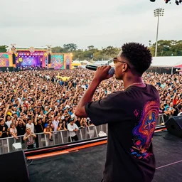 rapping on stage at festival, holding microphone, giant crowd, epic angle, profile view, psychedelic hip hop, illustrated by Alex Grey