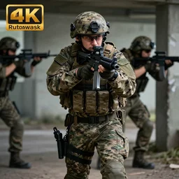 Portrait of a modern German Bundeswehr squad in full gear wearing Flecktarn sprinting shooting at enemy forces from behind cover, cinematic lighting, front lighting, 4k, award-winning, by Greg Rutkowski, combat, intense,