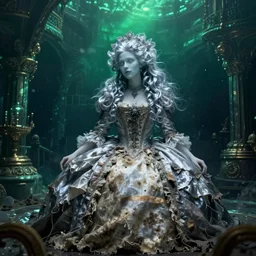 A silver haired mad, narcissistic, ghost like fairy princess from the 18th century, dressed in a ragged, dirty, Queen Victoria's wedding dress,  sits alone in  her scarry underwater palace. mystical, atmospheric, greenish blue tones, underwater photography, concept art by Annie Stegg Gerard, Ian David Soar, John Anster Fitzgerald, and John Everett Millais
